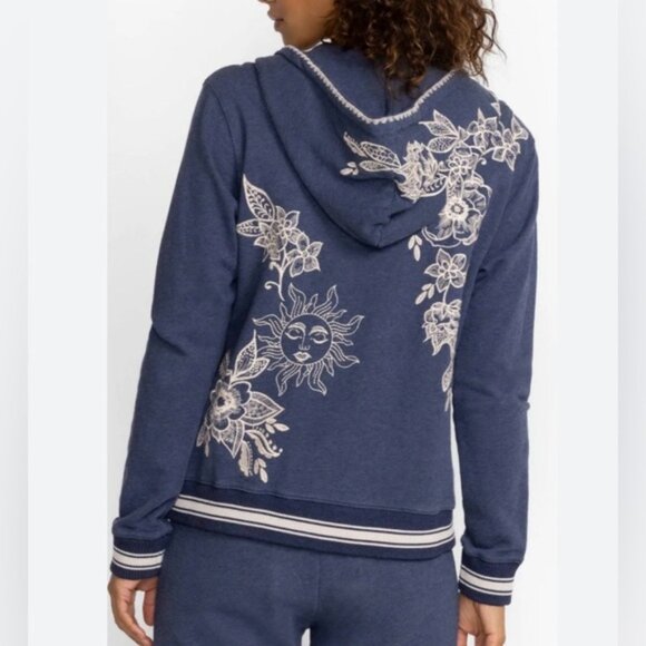 Johnny Was Addison Rib Detail Zip Up Indigo Blue Hoodie Sweatshirt Size Medium - Picture 11 of 12